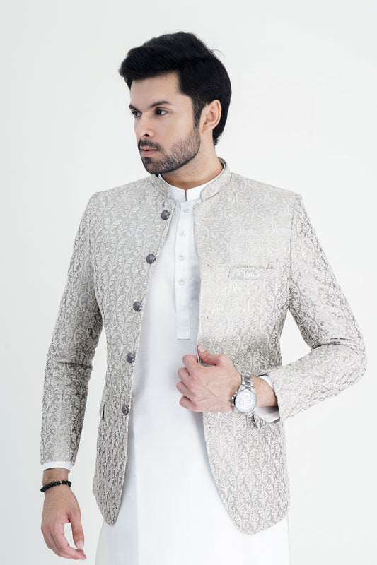 Opulent Silver Embroidered Prince Coat for Men – A Regal Statement of Style