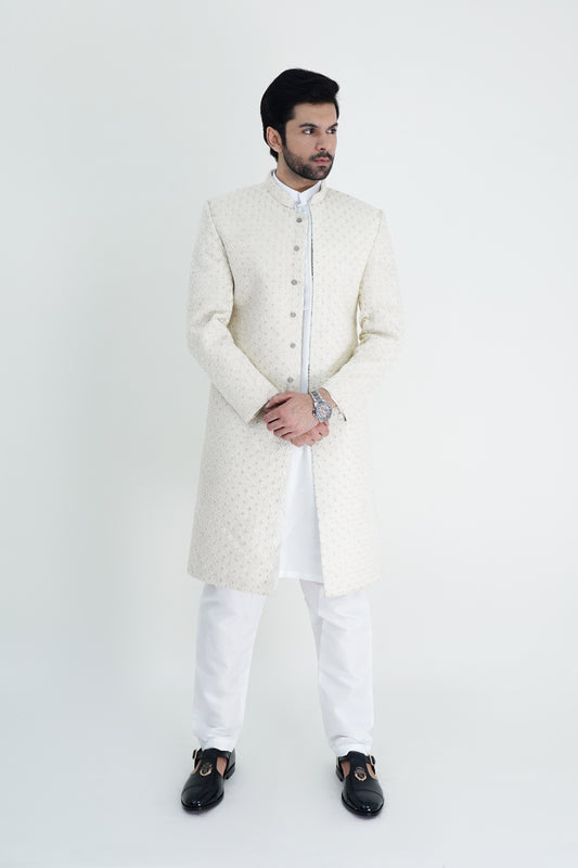 Regal Silk White Zari Embroidered Men’s Sherwani - Premium Party Wear