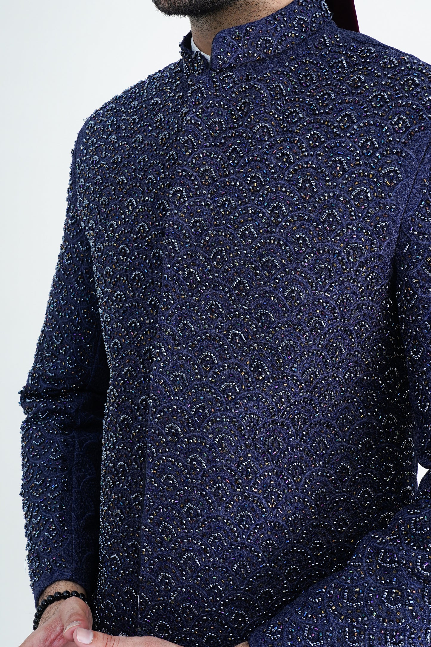 Luxurious Blue Silk Sherwani with Handmade Embroidery – Wedding Collection